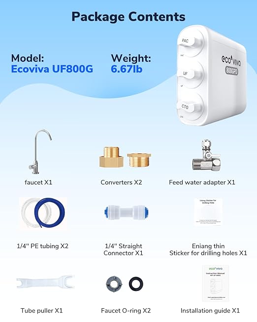 Ecoviva UF800G 0.01μm Ultra-Filtration Under Sink Water Filter Meet NSF 42 / 372 Standards Tankless Ultra Compact Design, No Electricity & Wastewater, Preserve Beneficial Minerals No TDS Reduction