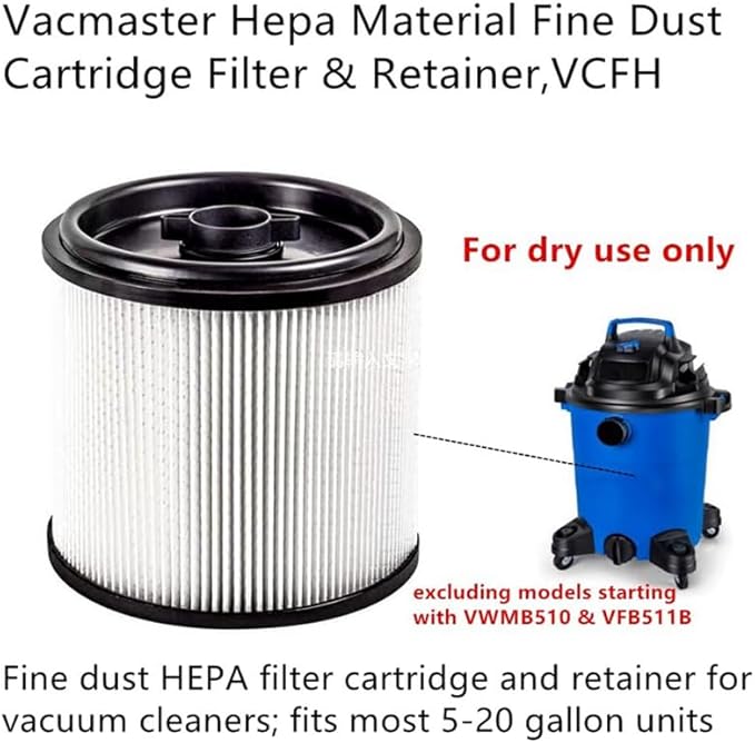 1 PACK Amigriki VCFH Cartridge vacuum HEPA Filter Hepa Material Fine Dust Cartridge Filter & Retainer compatible with Vacmaster most 5 to 20 gallon vacuum cleaner parts FOR DRY PICK-UP