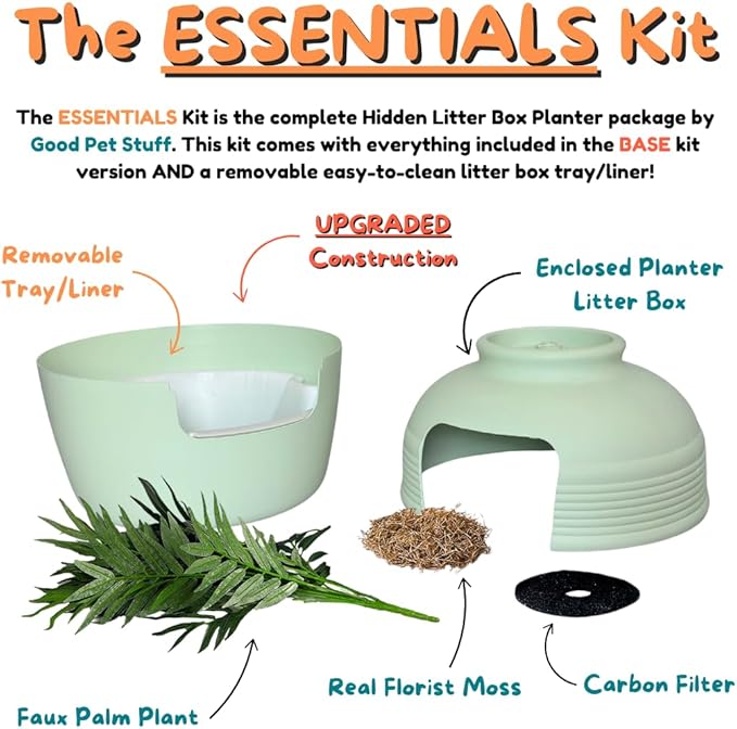 Good Pet Stuff Hidden Litter Box Planter, Decorative Cat Litter Enclosure with Carbon Filter & Faux Plant, Made in USA, Removable Liner, Odor Control, NEW Round Style, Essentials Kit, Sage Green