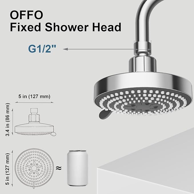 OFFO Shower Head, High Pressure Shower Head with 6 Mode, Fixed Showerheads for Strong Water Flow & Relaxing Shower Experience, Chrome