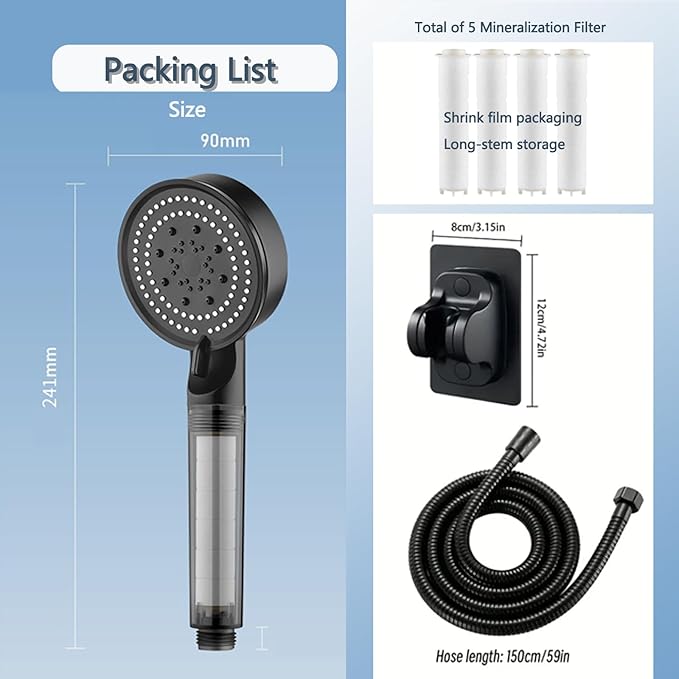 High Pressure Shower Head Black with Hose, 5-Spray Filtered Showerhead with No-Drill Holder, Water Softener Beads & ON/OFF Switch for Daily & Pet Care, Removes Chlorine, Softens Hard Water
