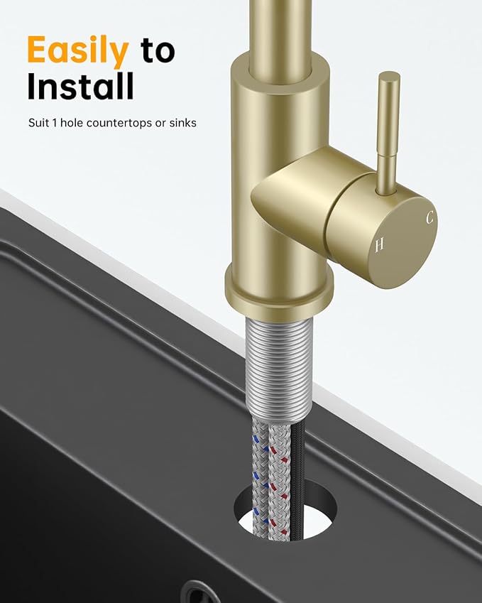 Hiqufet Brushed Gold Kitchen Faucet with Pull Down Sprayer, High Arc Faucet, Stainless Steel Modern RV Bar Sink Faucets for Pot Filler, Farmhouse Camper Bar Laundry, RV Bathroom