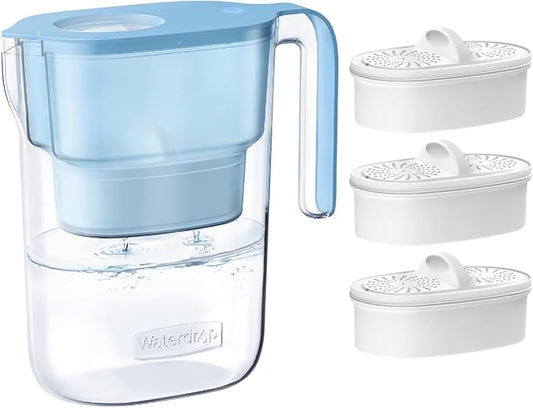Waterdrop PT-05B Water Filter Pitcher with 3 Filters, 7-Cup Capacity, NSF Certified, 5X Longer Filter Life, Up to 600 Gallons, Fridge-Friendly Design, Reduces PFOA/PFOS and Chlorine, Blue
