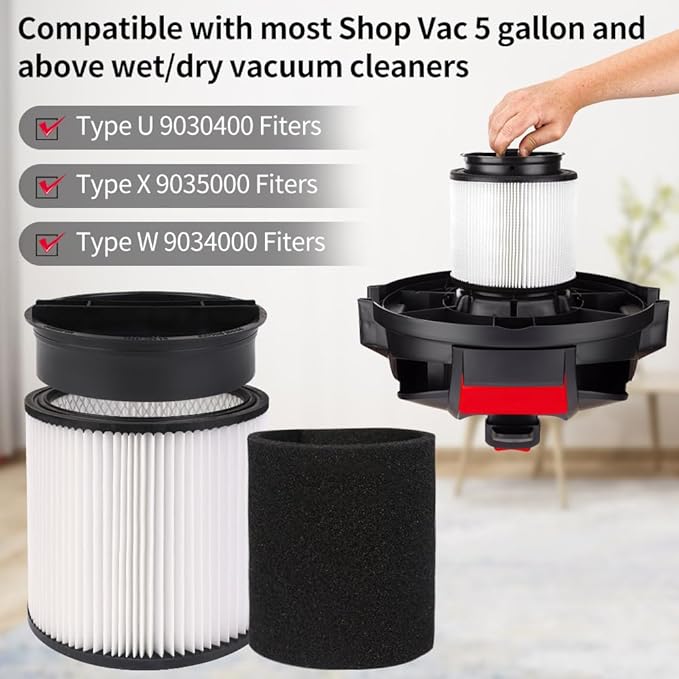 90304 Replacement HEPA Cartridge Filters with Lid, Compatible with Shop-Vac Shop Vac 90304, 90350, 90333, 903-04-00, 9030400, 90585 5 Gallon and Above Wet Dry Vacuum Cleaners, 2 Pack