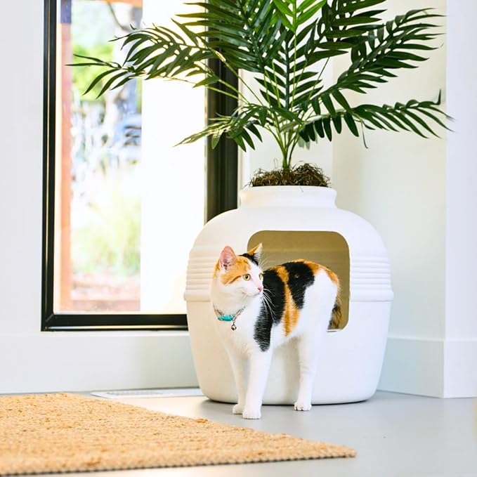 Good Pet Stuff Hidden Litter Box Planter, Decorative Cat Litter Enclosure with Carbon Filter & Faux Plant, Made in USA, Removable Liner, Odor Control, NEW Round Style, Essentials Kit, Classic White