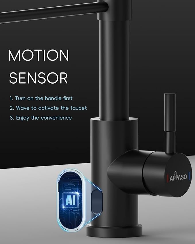 APPASO Black Touchless Kitchen Faucet with Soap Dispenser, Motion Sensor Activated Hands-Free Automatic Faucet for Sink with Pull Down Sprayer, Single Handle Smart Faucets for Kitchen Sink
