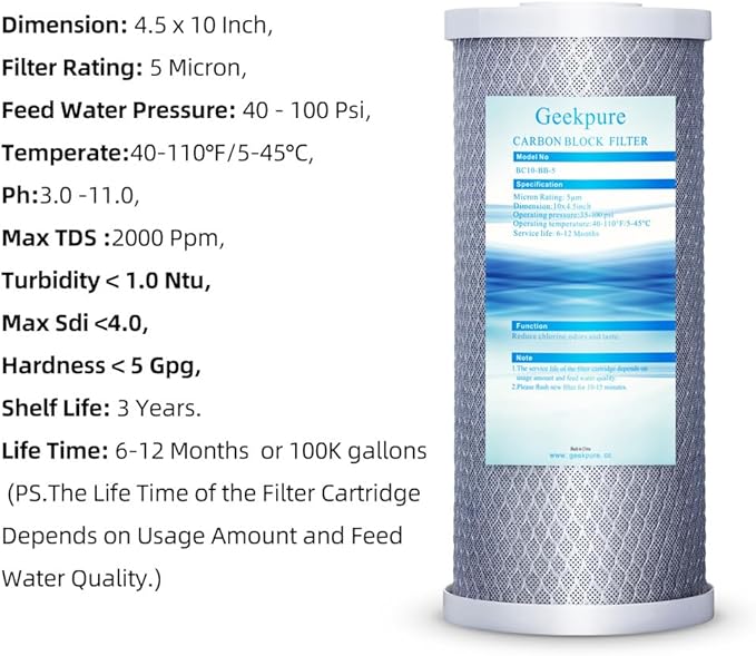 Geekpure 10 Inch Whole House Replacement Water Filters Set w/PP and Carbon Block -4.5"x 10"-5 Micron-Pack of 4