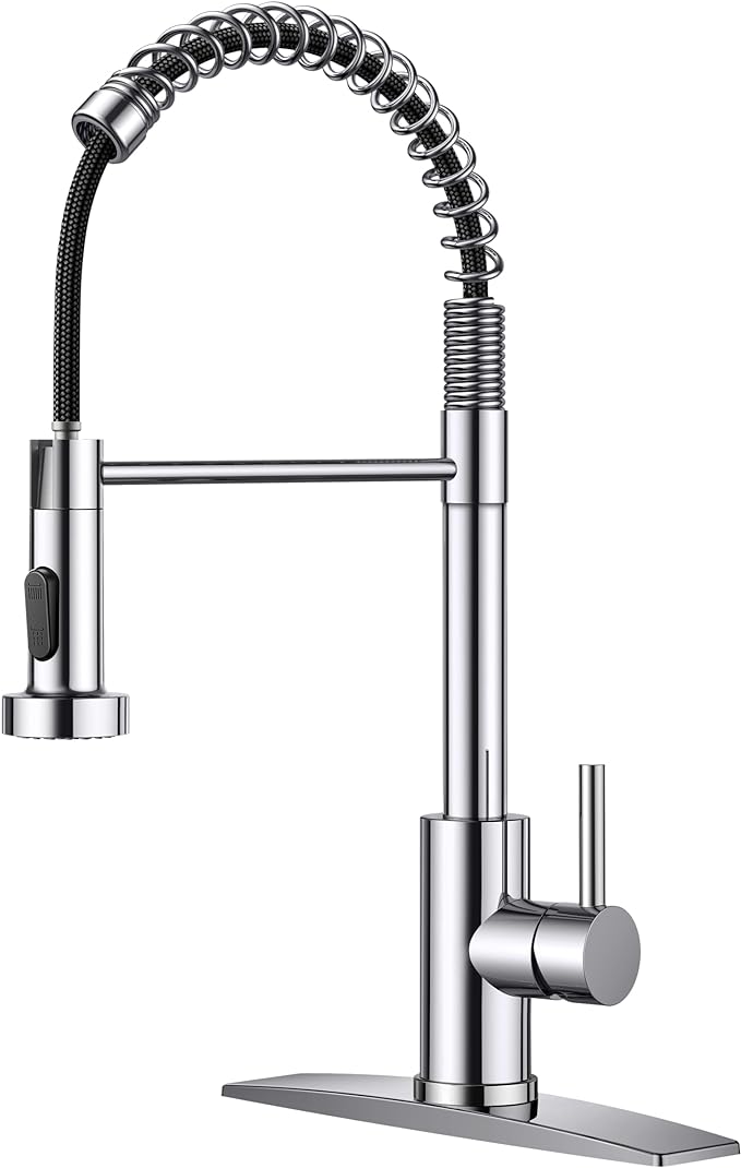 FORIOUS Kitchen Faucet with Pull Down Sprayer, Stainless Steel Commercial Single Handle Classic Spring Pull Out Sink Faucet for Pot Filler, Farmhouse Camper Bar Laundry Room, Chrome