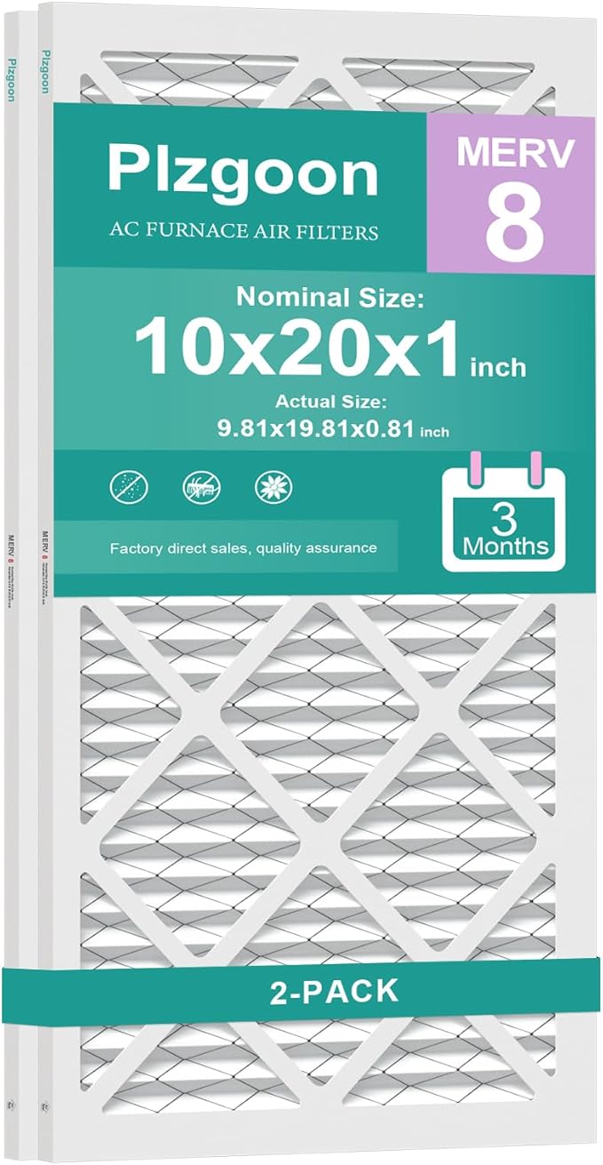 10x20x1 Air Filter MERV 8 MPR 600 (2 Pack) Pleated HVAC Furnace Filters for Home Air Conditioner AC Heating System (Exact Dimensions: 9.75"L x 19.75"W x 0.75"Th)