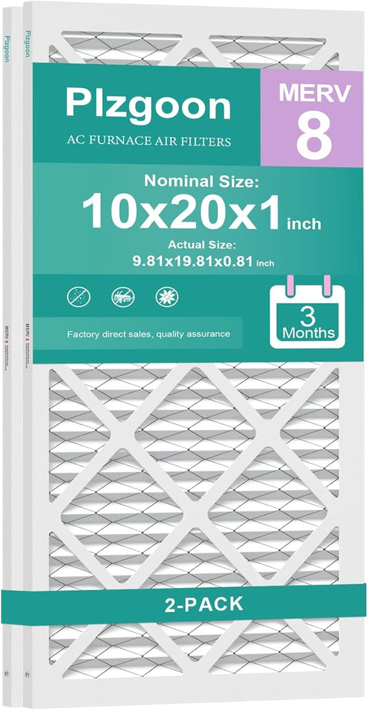 10x20x1 Air Filter MERV 8 MPR 600 (2 Pack) Pleated HVAC Furnace Filters for Home Air Conditioner AC Heating System (Exact Dimensions: 9.75"L x 19.75"W x 0.75"Th)