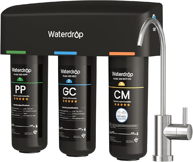 Waterdrop TSB-10-CM Under Sink Water Filter System Reduce Chloramine, Chlorine for CA, FL and Washington, D.C., Under Sink Water Filtration System with Brushed Nickel Faucet,NSF/ANSI 42 Certified