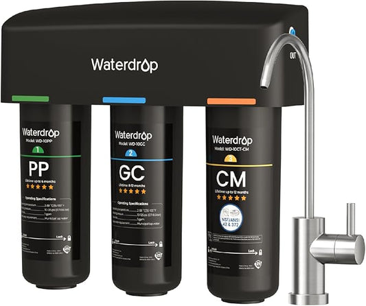 Waterdrop TSB-10-CM Under Sink Water Filter System Reduce Chloramine, Chlorine for CA, FL and Washington, D.C., Under Sink Water Filtration System with Brushed Nickel Faucet,NSF/ANSI 42 Certified