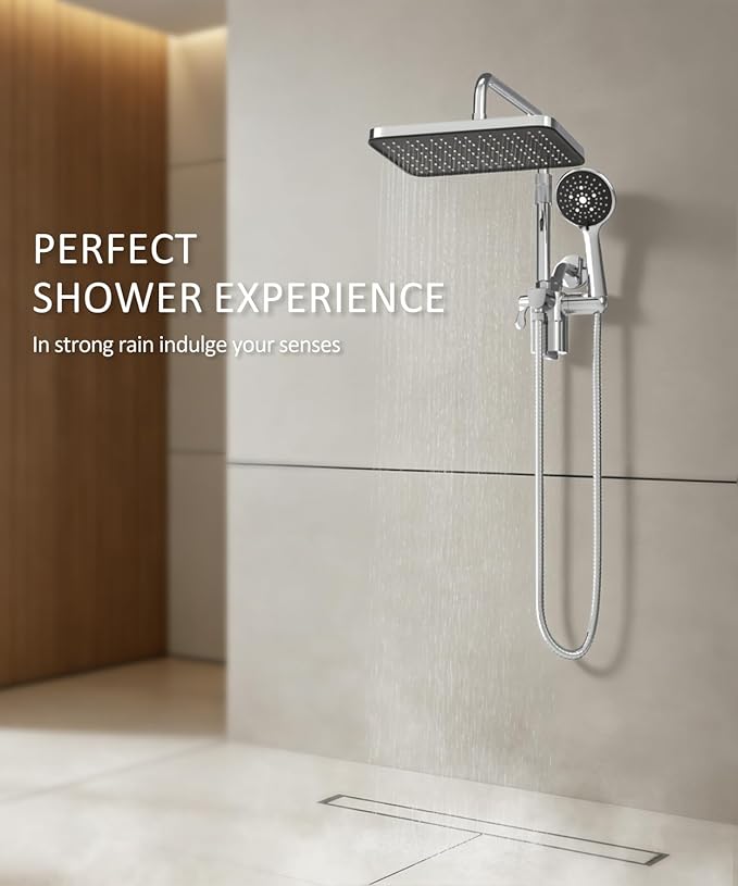 Filtered Shower Head with Handheld,12 Inch High Pressure Rain Shower Head with Adjustable Extension Arm,Dual shower filter head for hard water,Tool-Free DIY Kit,Chrome