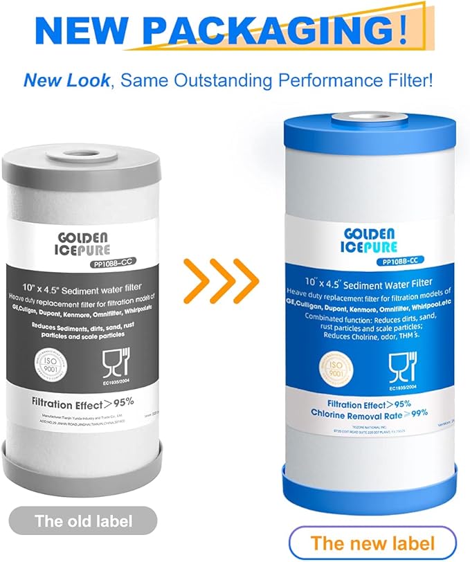 GOLDEN ICEPURE PP10BB-CC Whole House Water Filter Cartridge, 5 Micron 10" x 4.5" FXHTC Sediment and Carbon Water Filter Replacement Cartridge for GXWH40L, GXWH35F, GNWH38S, RFC-BBSA, WRC25HD