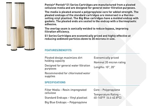 Pentair Pentek S1-BB Big Blue Sediment Water Filter, 10-Inch, Whole House Heavy Duty Pleated Cellulose Filter Cartridge, 10” x 4.5”, 20 Micron