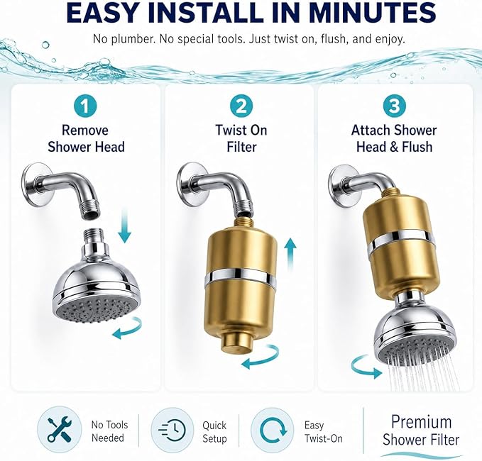 Crystal Quest Shower Filter, Shower Head Filter for Hard Water, Shower Water Filter Removes Chlorine, chloramines & VOCs, Filter Shower Head, Improves Skin & Hair, Long-Lasting - ISO Certified, Gold