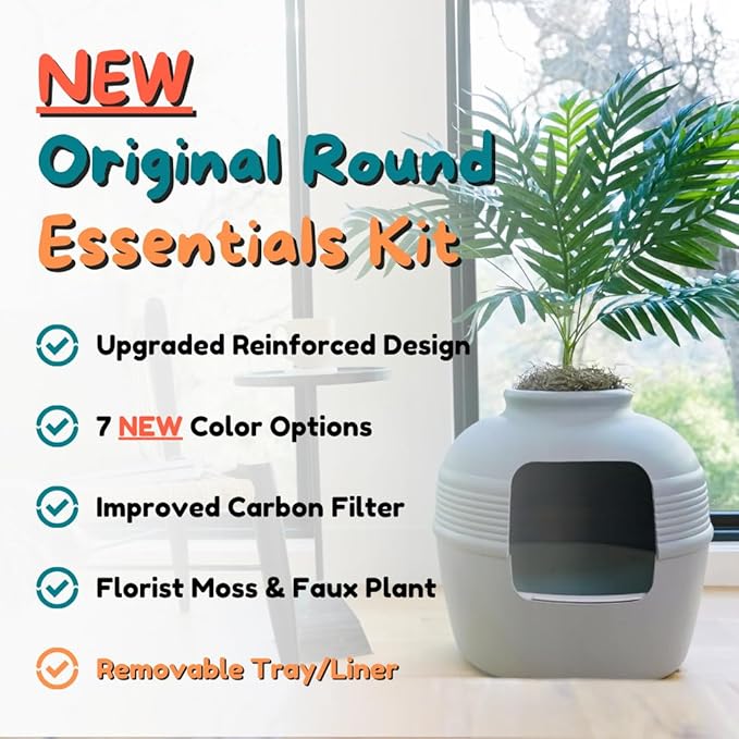Good Pet Stuff Hidden Litter Box Planter, Decorative Cat Litter Enclosure with Carbon Filter & Faux Plant, Made in USA, Removable Liner, Odor Control, NEW Round Style, Essentials Kit, Pebble Gray