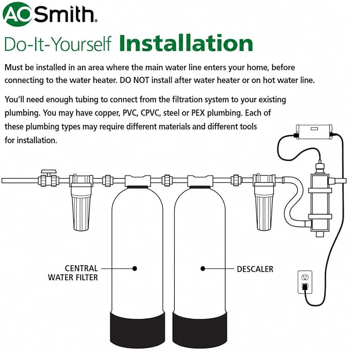 AO Smith Whole House Salt Free Descaler System - Works with City & Well Water Filters - 6yr, 600,000 Gl - Water Softener Alternative for Home - AO-WH-DSCLR