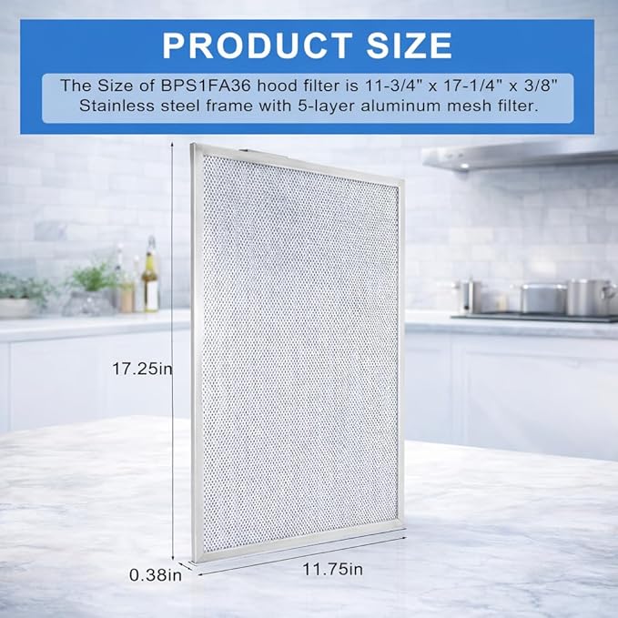 BPS1FA36 Range Hood Filter, 5-Layer Aluminum Mesh, Stainless Steel Frame, 11-3/4 x 17-1/4 x 3/8 Inch, Compatible with Broan WS1, QS1, WS2 Series (2)