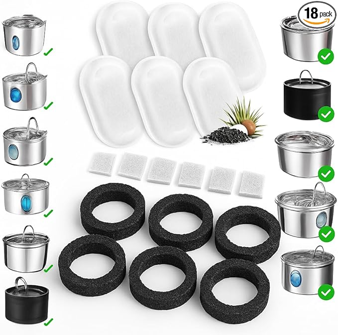 Fountain Filter Replacement Set – 18 Pack (6 Carbon Filters + 6 Pump Sponges + 6 Pre-Filters) – Compatible with Stainless Steel Cat & Dog Water Fountains – BPA-Free, Triple Filtration