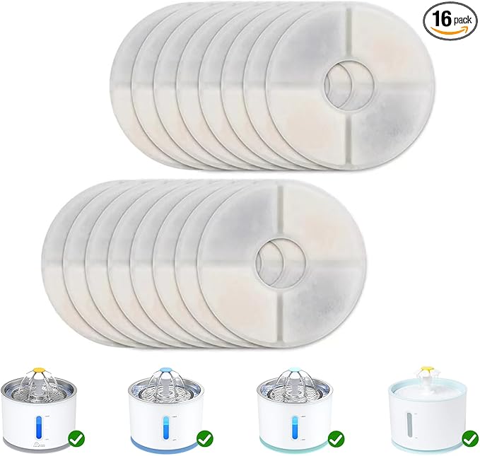 Wonder Creature Cat Water Fountain Filter Replacement, 6/8/12/16/8+4 Pack, Round Carbon Filters for 81oz/2.4L Stainless Steel Top Automatic Pet Fountain (16 Pack)