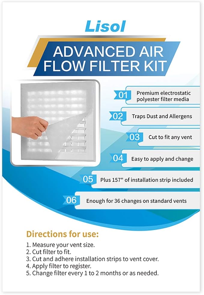 Lisol Complete Air Vent Filters Kit- 98‘’ x 18'' Electrostatic Media With 157" of Installation Tape 36+ Filters per Roll for HVAC, AC & Heating Intake Registers & Grilles