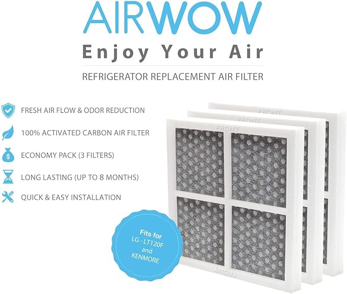 AIRWOW Replacement 3 Pack Air Filter for Refrigerators, Compatible with LG LT120F, ADQ73214404, 469918, Improves Freshness, Air Quality and Odor Control (3, White-Pro)