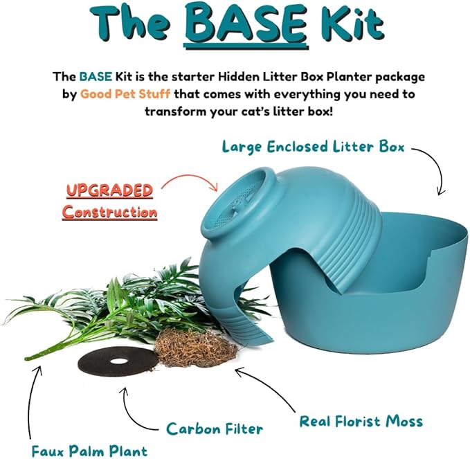 Good Pet Stuff Hidden Litter Box Planter, Decorative Cat Litter Enclosure with Carbon Filter & Faux Plant, Made in USA, Odor Control, Improved Design, NEW Round Style, Base Kit, Coastal Blue