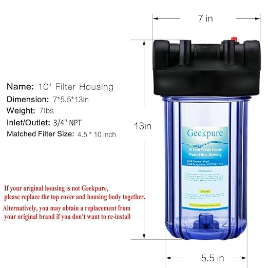 Geekpure 10-Inch Whole House Water Filter Housing 3/4" Port with Wrench and Bracket -4.5"x10"-Clear (1)