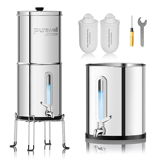 Purewell Upgraded 9-Stage Gravity Water Filter System with Water Level Window, 0.01μm Ultra-Filtration Countertop System with 2 Filters and Stand, Reduce Fluoride & Chlorine, BO-FL-2.25G