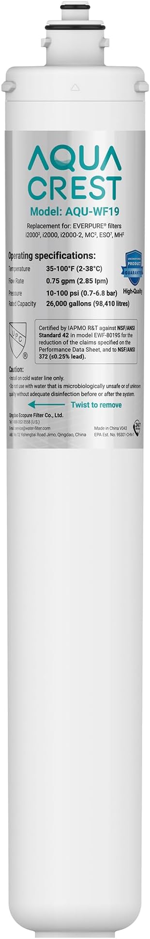 AQUA CREST I2000 2 Under Sink Water Filter, Replacement for Everpure I2000 2, EV9612-22, MC2, ESO7, MH2, EV9612-56, EV9607-25, EV9613-21, NSF/ANSI 42 Certified, 26000 Gallons