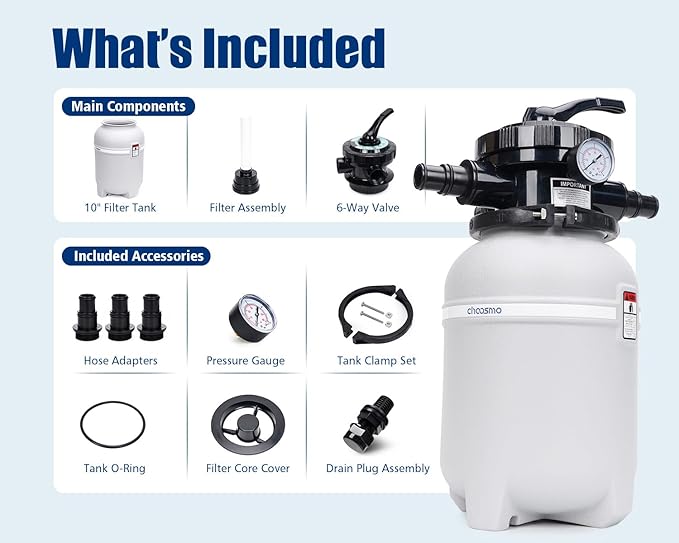 10” Sand Filter Tank Replacement Kit, Pool Sand Filter Tank with 6-Way Multi-Port Valve and 1.25/1.5 in Hose Adapters for Compatible Above Ground Pool Sand Filter Systems, Pump Not Included