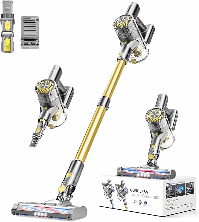 MBTTODF Cordless Vacuum Cleaner for Home & Pet Hair – Lightweight Stick Vacuum with 40-Min Runtime, Anti-Tangle Brush & LED Headlight, for Hardwood, Carpet & Tile(Golden)