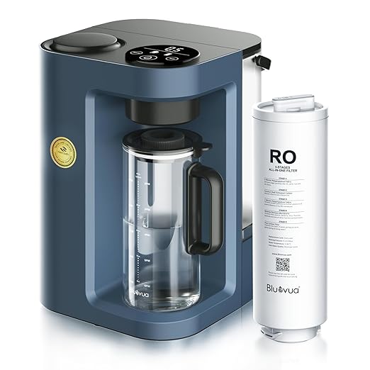 Bluevua RO100ROPOT-Lite Countertop Reverse Osmosis Water Filter System, 3:1 Pure to Drain Ratio, Portable RO Filtration with Remineralization, No Installation, WQA Certified, 6-Stage Blue