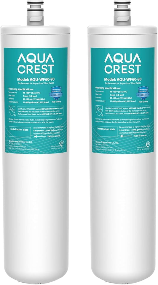 AQUA CREST DW80/90 Under Sink Water Filter, Replacement for Aqua-Pure® AP-DW80/90, AP-DWS1000, Kohler K-201-NA, Kohler K-202-NA, NSF/ANSI 42 Certified, 2 Pack, Model No.WF60-80/90