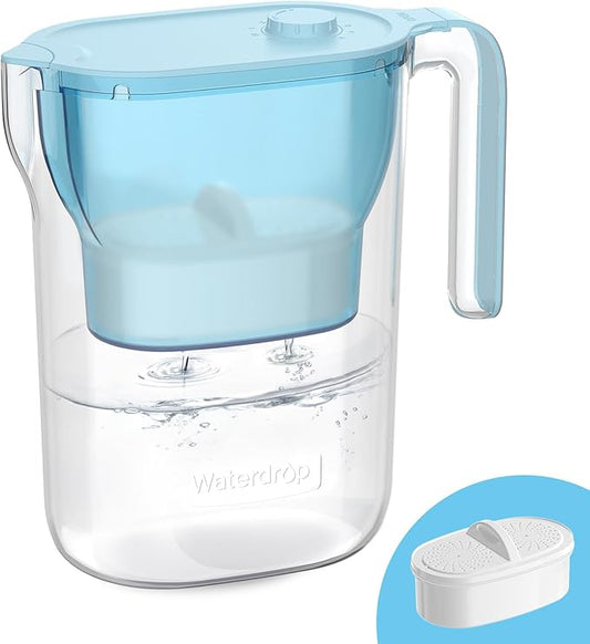 Waterdrop PT-05B-L Water Filter Pitcher, 7-Cup, NSF Certified, 200-Gallon Long-Life Filter Purifier, Reduces Chlorine and PFOA/PFOS, for Countertop, Replaces 6,400 Plastic Water Bottles a Year, Blue