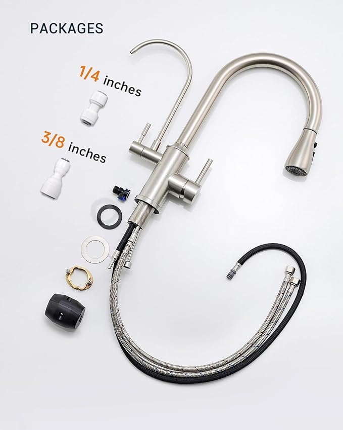 APPASO Kitchen Faucet with Water Filter, CUPC Certified Water Hose, Pull Out 3 Way Sink Faucets with Sprayer, High Arch 2 Handle Faucet - 2 in 1 Faucets Brushed Nickel, Without Filtration Device
