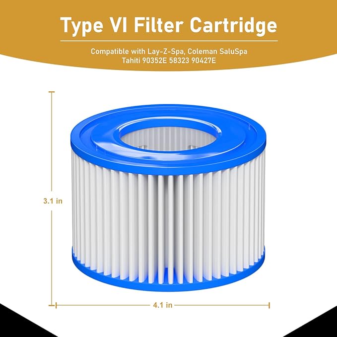 Type Ⅵ Hot Tub Spa Filter Replacement Compatible with Lay-Z-Spa, Coleman SaluSpa 90352E 58323, Inflatable Hot Tub, Swimming Pool Pump Filter Type Ⅵ Cartridge, 12 Pack