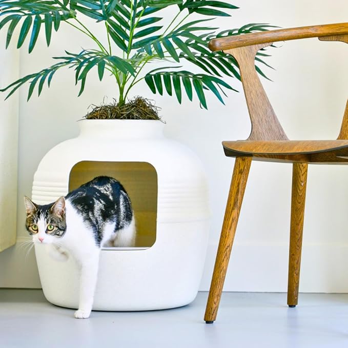 Good Pet Stuff Hidden Litter Box Planter, Decorative Cat Litter Enclosure with Carbon Filter & Faux Plant, Made in USA, Removable Liner, Odor Control, NEW Round Style, Essentials Kit, Classic White