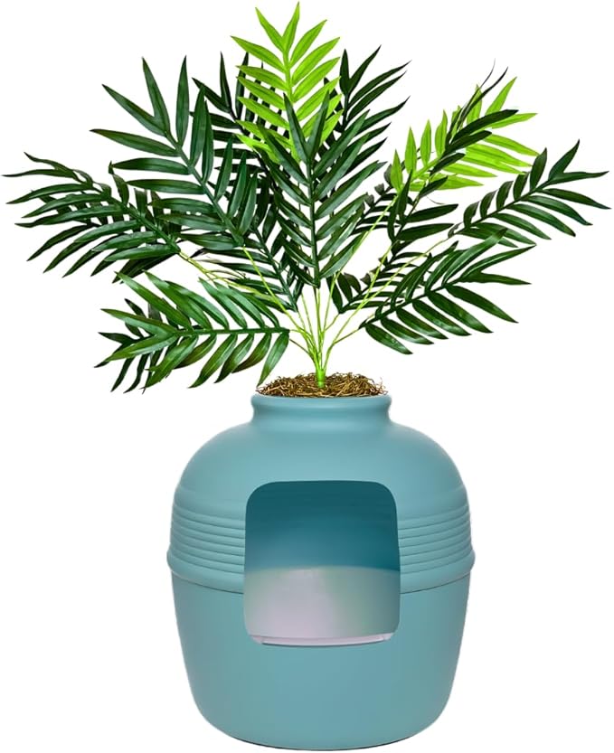 Good Pet Stuff Hidden Litter Box Planter, Decorative Cat Litter Enclosure with Carbon Filter & Faux Plant, Made in USA, Removable Liner, Odor Control, NEW Round Style, Essentials Kit, Coastal Blue