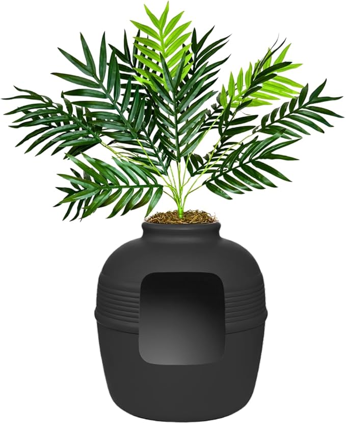 Good Pet Stuff Hidden Litter Box Planter, Decorative Cat Litter Enclosure with Carbon Filter & Faux Plant, Made in USA, Odor Control, Improved Design, NEW Round Style, Base Kit, Matte Black