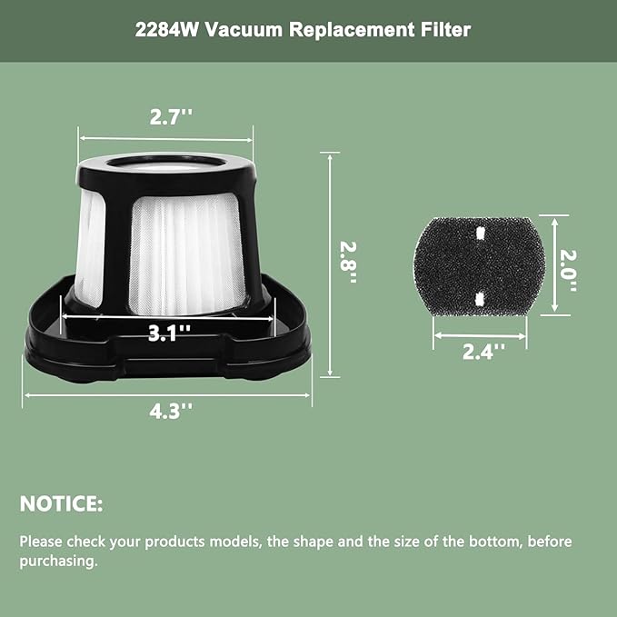 2284W Filter Compatible with Bissell Pet Hair Eraser Hand Vacuum 2284W, 2390, 2389, 2390A, Replace Parts for 1614212, 1614203, 1614204, 2 Pack Filter and 6 Foam Filter