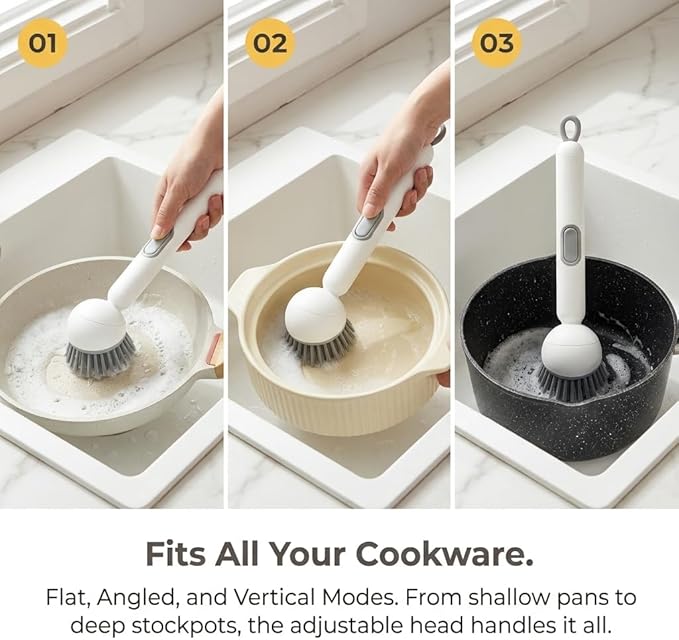 Rotatable Kitchen Cleaning Brush with Built-in Soap Dispenser for Non-Stick Pans, Stainless Steel Pots, Ceramic Cookware, Range Hood Filters, Oven Grates