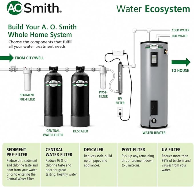 AO Smith Whole House Salt Free Descaler System - Works with City & Well Water Filters - 6yr, 600,000 Gl - Water Softener Alternative for Home - AO-WH-DSCLR