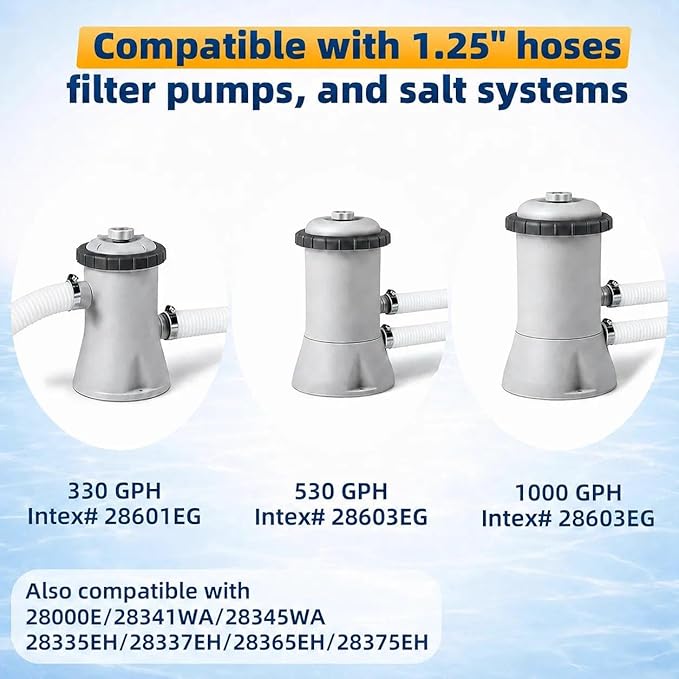 Replacement 1.25 Pool Hoses for Above Ground Pools, 1 1/4" x 59" Long, 1 Pack with 2 Metal Clamps (White)