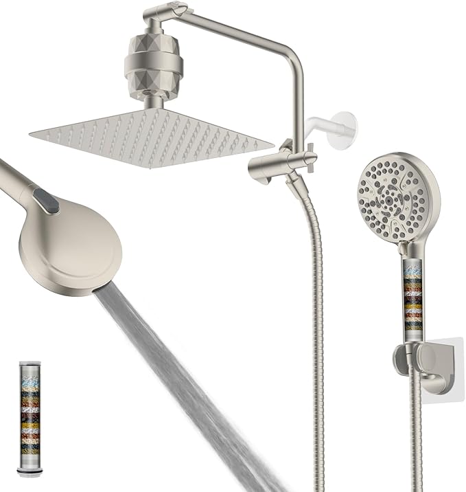 Filtered Shower Head, 10" High Pressure 10-Spray Handheld/Rainfall Shower Head Combo with 20 Stage Shower Filter, 11" Shower Extension Arm, 71" Hose, Shower Head Holder, Brushed Nickel