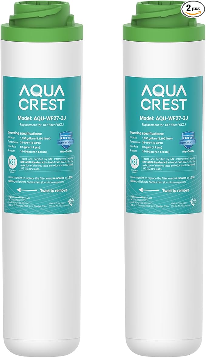 AQUA CREST FQK2J Under Sink Water Filter, Replacement for GE FQK2J, FQK1K, Compatible with GE GXK255TBN, NSF/ANSI 42 372 Certified, 1320 Gallons Dual Flow Drinking Water Replacement Filters, 2 Pack