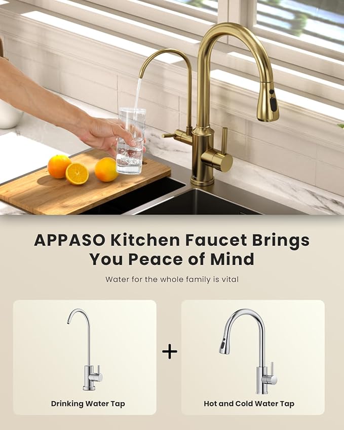 APPASO Kitchen Faucet with Water Filter (Without Water Filtration Device), 2 Handle 3 Way Gold Kitchen Sink Faucet, High Arch 3 Hole Kitchen Faucet with Pull Down Sprayer - 3 in 1 Faucet