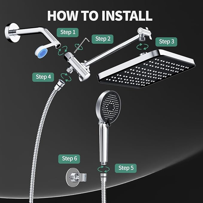 12 Inch Wide Rain Shower Head with Filtered Handheld Combo, High Pressure Rainfall Shower Head, 9 Spray Modes Handheld with 9-Inch Extension Arm, Comes with Filter Removes Chlorine (Chrome)