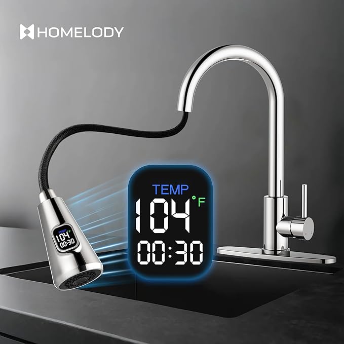 HOMELODY LED Temperature Display Kitchen Faucet with Pull Down Sprayer - Polished Chrome Single Handle Faucet for Kitchen Sink, High Arc Stainless Steel Design for RV Laundry Farmhouse Bar